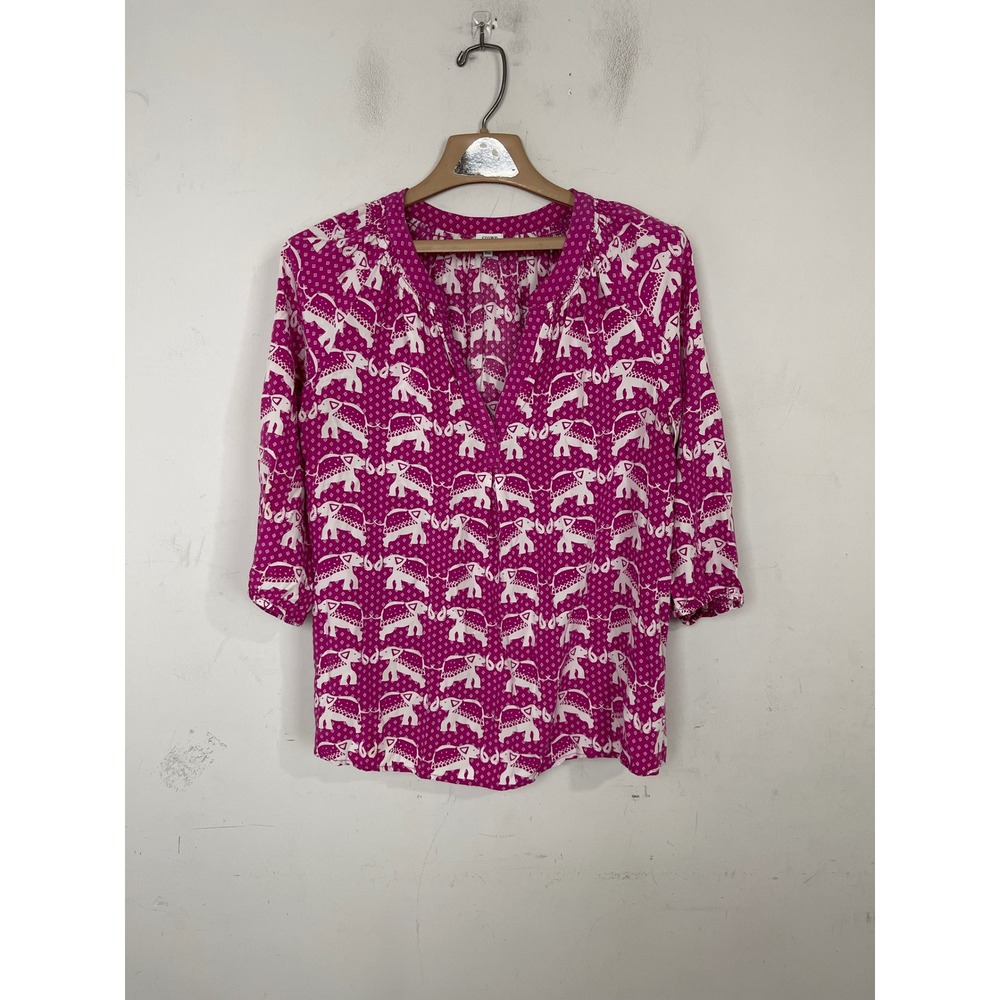 Crown & Ivy Women Pink White Elephant Print 3/4 Sleeve Rayon Blouse XL